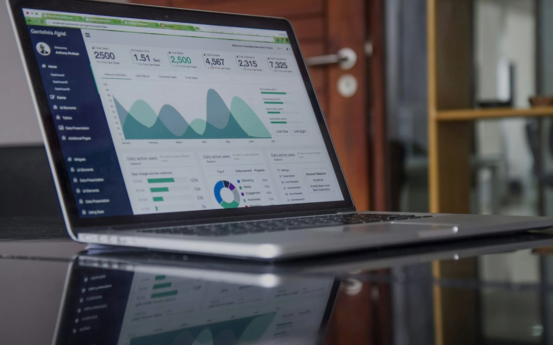 Laptop with organic traffic growth charts on a dark desk
