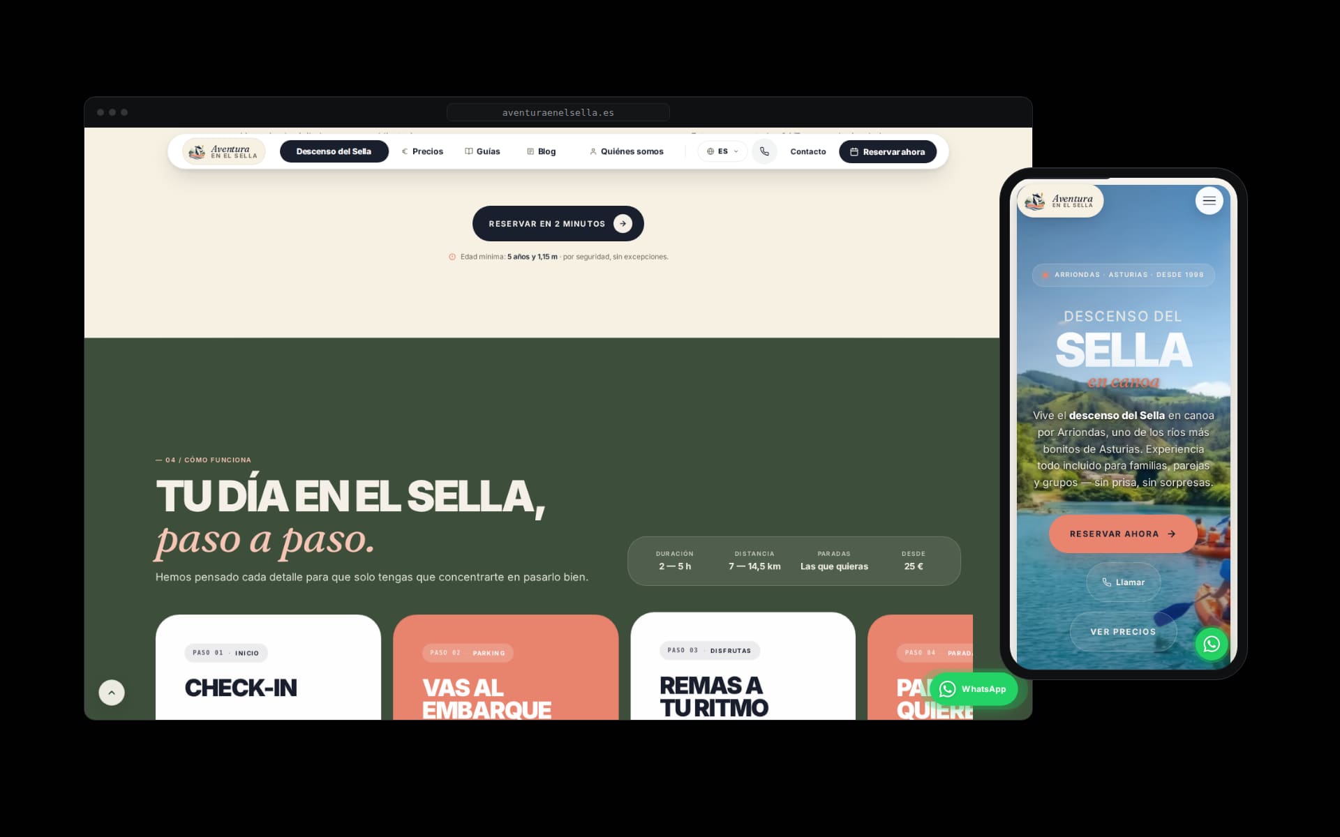 Web de Aventura en el Sella en escritorio y móvil: el día en el Sella paso a paso, con duración, distancia y paradas del descenso