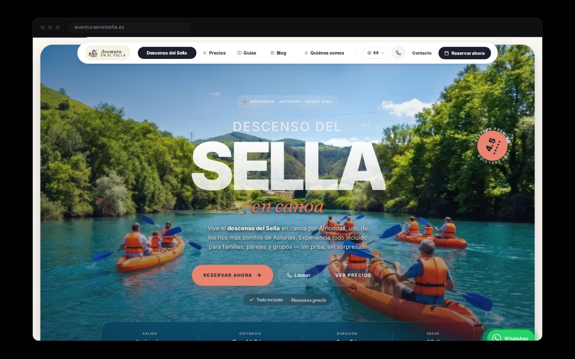Portada de aventuraenelsella.es en un navegador oscuro: descenso del Sella en canoa desde Arriondas con reserva todo incluido