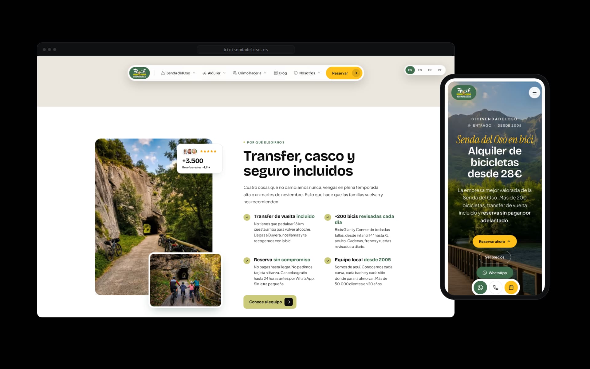 Bicisenda del Oso site on desktop and mobile: benefits section with return transfer, helmet and insurance included, plus customer ratings