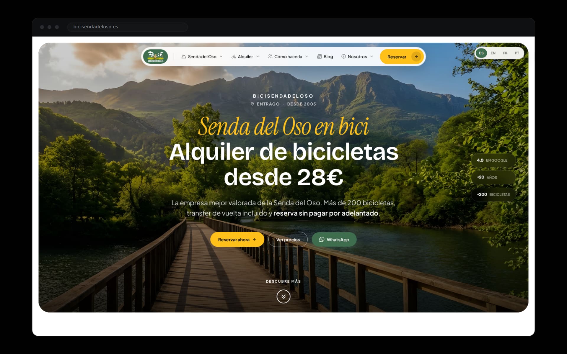 Homepage of bicisendadeloso.es in a dark desktop browser frame: bike rental on the Senda del Oso greenway from Entrago with direct booking