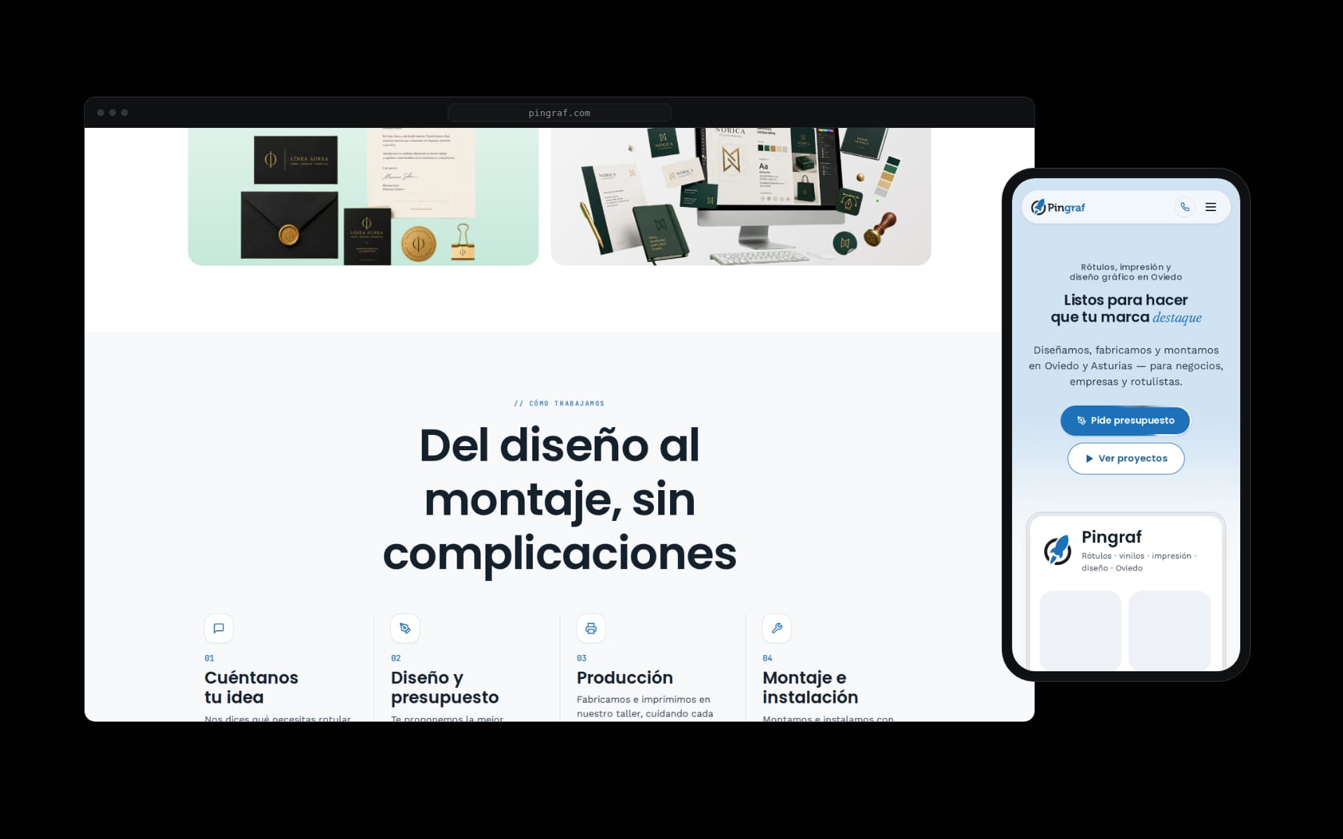 Web de Pingraf en escritorio y móvil: proceso del diseño al montaje en cuatro pasos y piezas de identidad corporativa impresas
