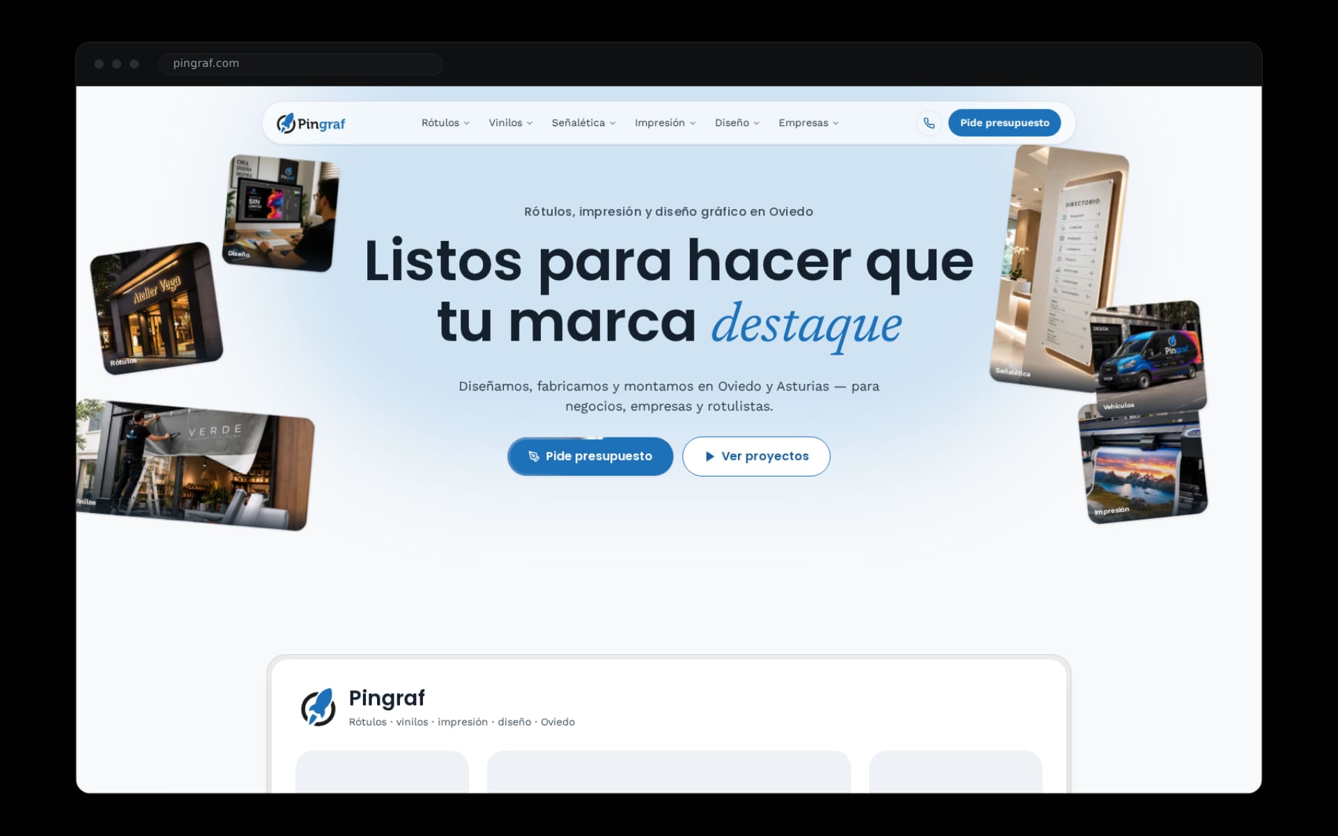 Portada de pingraf.com en un navegador oscuro: rótulos, impresión y diseño gráfico en Oviedo con proyectos reales alrededor del titular