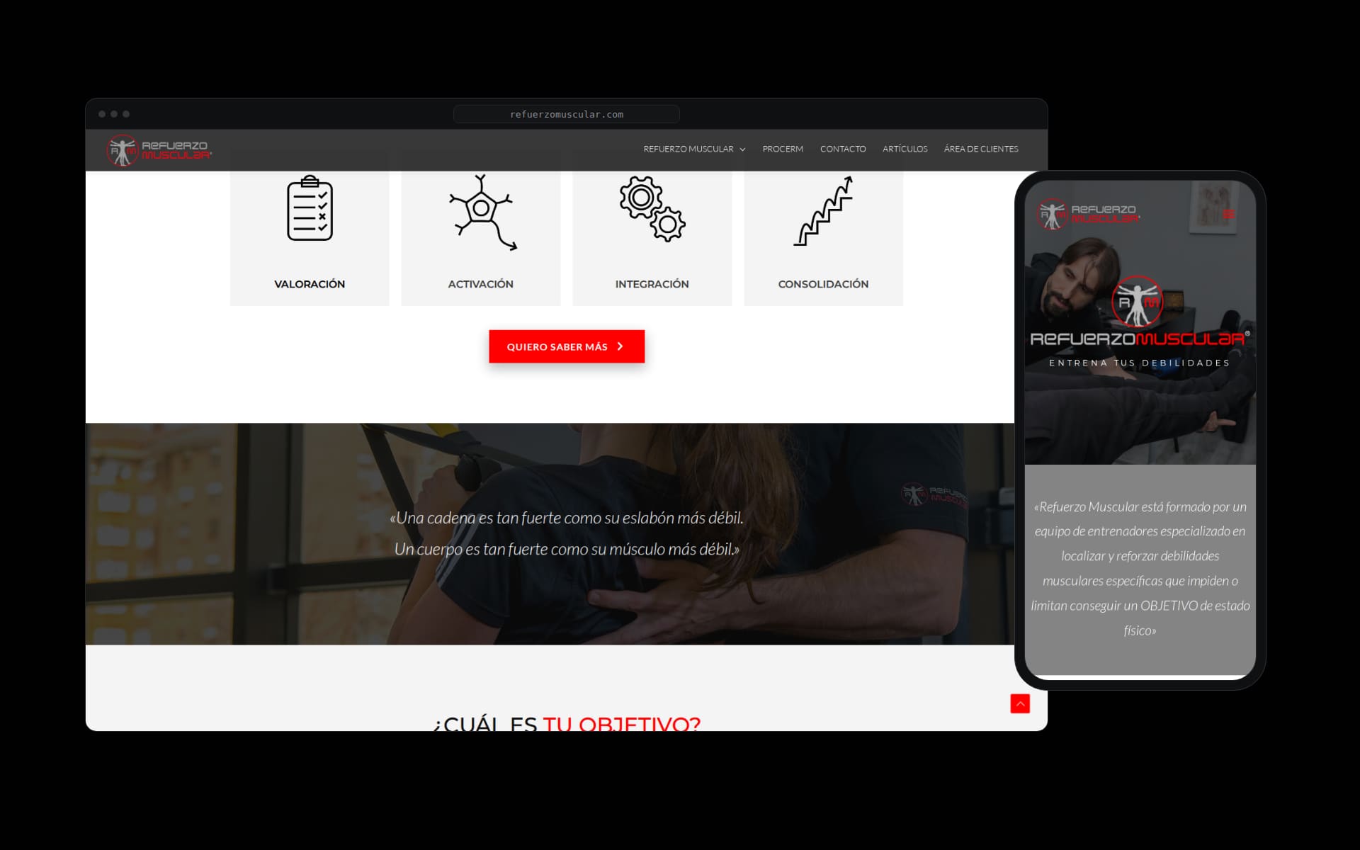 Refuerzo Muscular site on desktop and mobile: the phases of the method — assessment, activation, integration and consolidation